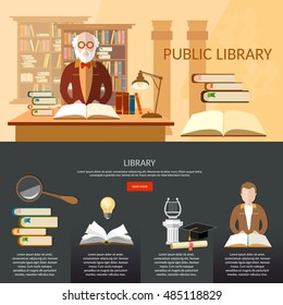 Public Library Infographic Elements, Students Read Books, Librarian Professor Library Interior With People Reading Books Vector Flat Illustration 