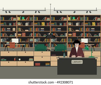 Interior de biblioteca pública con libros de estilo plano.