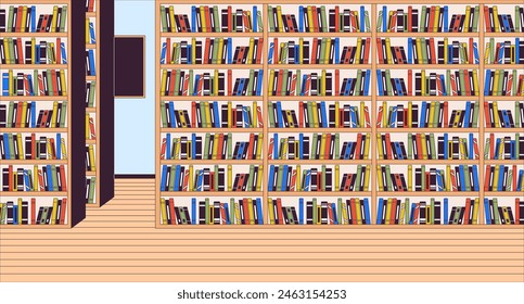 Public library interior cartoon flat illustration. Bookshelves with various literature in store 2D line interior colorful background. Bookshop with high racks scene vector storytelling image