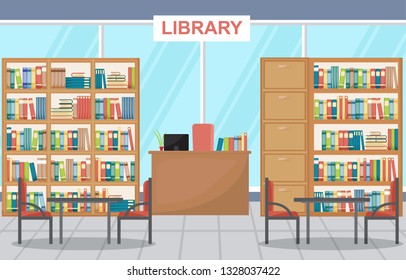 Public Library Interior Stack of Book on Bookshelf Flat Design