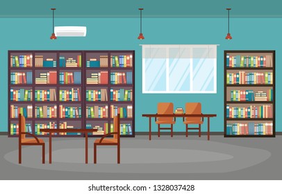 Public Library Interior Stack of Book on Bookshelf Flat Design