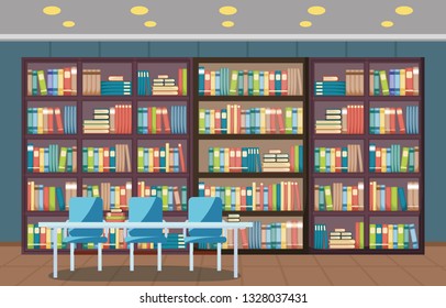 Public Library Interior Stack of Book on Bookshelf Flat Design