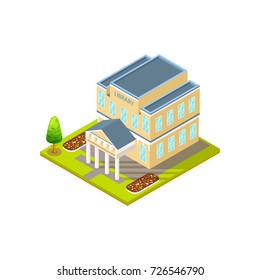 Public library isometric building represented in three dimensional perspective with trees and lawn outside on vector illustration isolated on white
