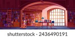 Public library with many books on shelves in case with ladder, in stack on wooden table with chair and lamp. Cartoon vector public bookstore with literature for school study or reading concept.