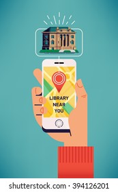 Public library near you. Cool vector background on finding nearby library using online mobile application with city map. Man searching for closest library with smart phone