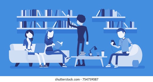 Public library people. Group of young men reading, union board, social service providing books for students and people, Business style vector concept illustration