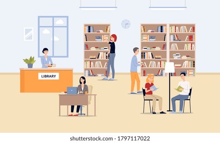 Public library with people reading literature, students with textbooks and librarian. Library interior with bookcases and shelves with books, tables, chairs. Vector flat illustration