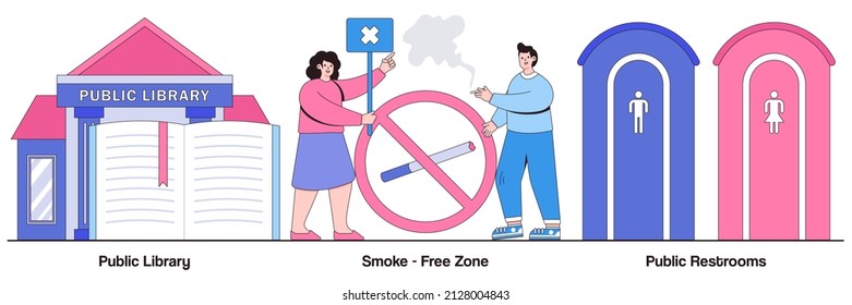 Public library, smoke-free zone, public restroom facilities concept with people characters. Public service illustration pack. No smoking area, place for children, cleaning and disinfection metaphor.