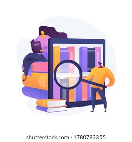 Public library visitors. Scientific research, self study, educational center. People looking for books on library shelves, reading textbooks. Vector isolated concept metaphor illustration