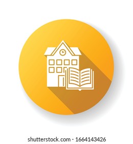 Public library yellow flat design long shadow glyph icon. Educational establishment. University education. Book storage. Campus building. Reading room. Bookshop. Silhouette RGB color illustration