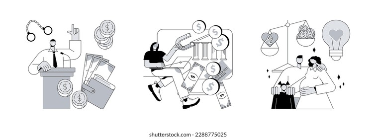 Public life abstract concept vector illustration set. Political corruption, financial crimes, public morality, ethical standards, bribery and tax offense, money laundering abstract metaphor.