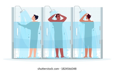 Public male shower semi flat RGB color vector illustration. Man clean with shampoo. Guy in cabin wash with soap. Hygiene and body care. Diverse men isolated cartoon characters on white background