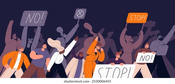 Encontro público contra smth com faixas à noite. Ativistas desfilam com cartazes de Stop em protesto, piquete. Pessoas com cartazes em manifestações de rua pela igualdade de direitos. Ilustração de vetor plano