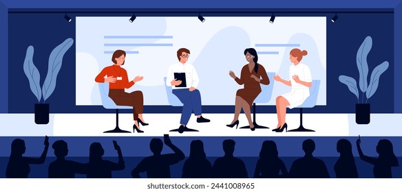 Public meeting of speakers, science forum on auditorium stage in front of audience. Group of scientists sitting in chairs in spotlights, people speaking on symposium event cartoon vector illustration