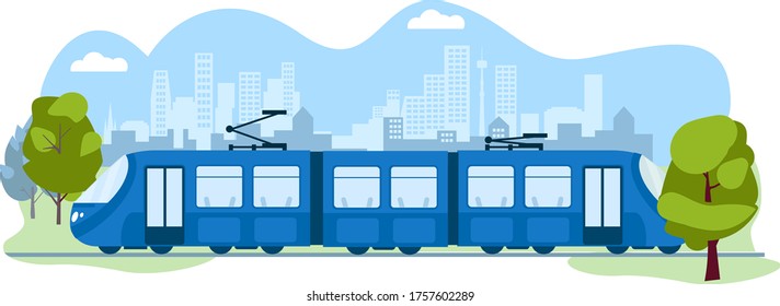 Public Modern Skytrain Transport, Subway Urban System Isolated On White, Flat Vector Illustration. Ecology Friendly Electric Traffic Train, Concept City Of Future Clean Air No Pollution.