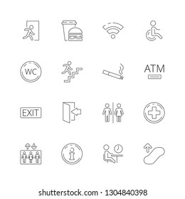 Public navigate symbols. Toilet person food place shapes internet food elevator vector thin line icon