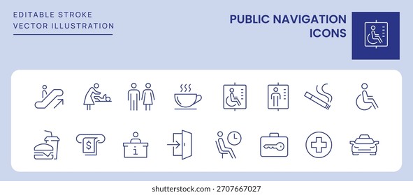 Symbole für die öffentliche Navigation. Bearbeitbarer Strich. Satz von Symbolen für dünne Linien.
