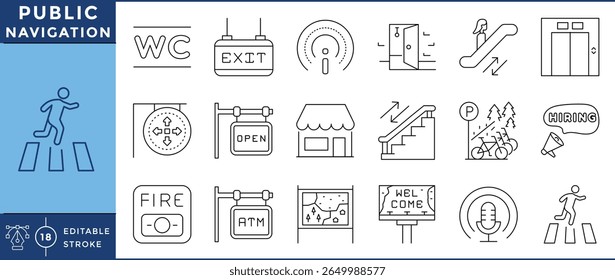 Conjunto de iconos de navegación pública. WC, salida, flecha, escalera mecánica, abierto, aparcamiento, ascensor, escalera, y muchos más. Vector de trazo editable.