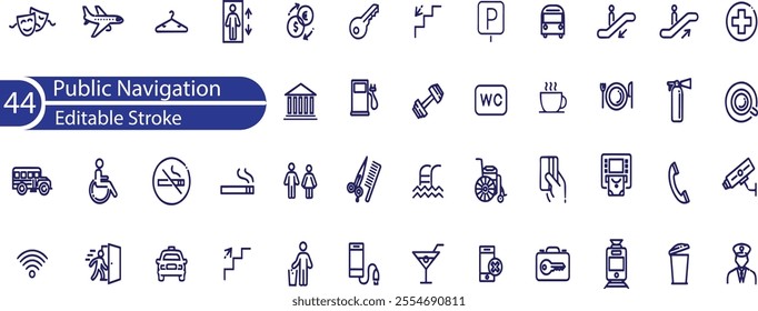 Public Navigation Line Editable Icons set. Vector illustration in modern thin line style of basic icons related to public places