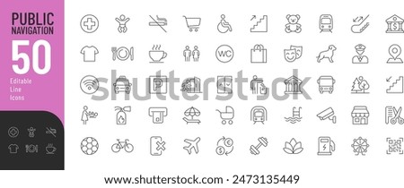 
Public Navigation  Line Editable Icons set. Vector illustration in modern thin line style of basic icons related to public places: shopping mall, park, toilet, and other. Pictograms and infographics 