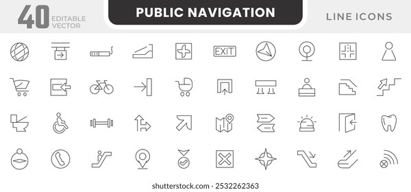 Public navigation line icon set. shopping mall, park, toilet, Taxi, education, barber, Internet, Disability, center, store, market, elevator, exit line icon set. UI thin line icon pack.