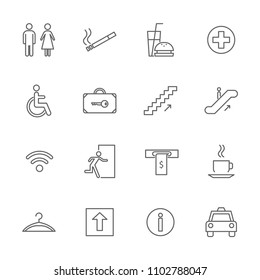 Public Navigation Signs Black Thin Line Icon Set Include of Food, Toilet, Service, Taxi and Escalator. Vector illustration