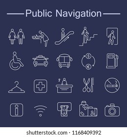 Public Navigation Signs Icons. Contains such Icons as Cloakroom, Elevator, Exit, Taxi, ATM and more. Outline pictogram for web site design and mobile apps. Vector illustration. Editable stroke.