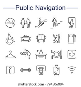 Public Navigation Signs Icons. Contains such Icons as Cloakroom, Elevator, Exit, Taxi, ATM and more. Outline pictogram for web site design and mobile apps. Vector illustration. Editable stroke.