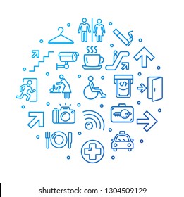 Public Navigation Signs Round Design Template Blue Thin Line Icon Service Concept for Promotion and Marketing. Vector illustration