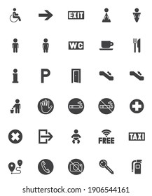Public navigation signs vector icons set, modern solid symbol collection, filled style pictogram pack. Signs logo illustration. Set includes icons as door exit, WC, elevator, escalator stairs, parking