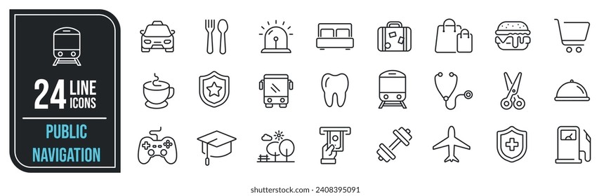 Public navigation simple minimal thin line icons. Related transportation, place, sign. Vector illustration.