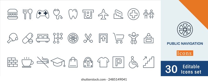 Public Navigation thin Line Icons collection. Vector illustration in modern thin line style of basic icons related to bag,   Airport,  Bicycle lane, shopping mall, scissors and other