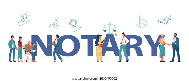 Public notary service banner template with cartoon characters of lawyers and their clients. Notarial signing and will legalization, legal assistance and legitimate attorney, flat vector illustration.