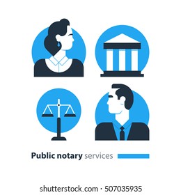 Public notary services icons set, law firm man advocacy consult document certify. Flat design vector illustration. Public notary concept