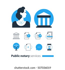 Public notary services, law paper, advocacy consult, document certify, electronic document, contract terms and conditions, vector line icons