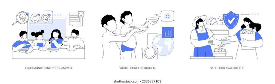 Public nutrition safety abstract concept vector illustration set. Food monitoring programmes, world hunger problem, safe food availability, public health medicine, malnutrition abstract metaphor.