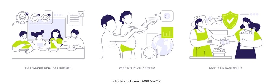 Public nutrition safety abstract concept vector illustration set. Food monitoring programmes, world hunger problem, safe food availability, public health medicine, malnutrition abstract metaphor.