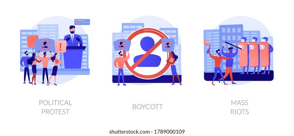 Public objection and disapproval abstract concept vector illustration set. Political protest, boycott, mass riots, demonstration, mass protest, consumer activism, street action abstract metaphor.