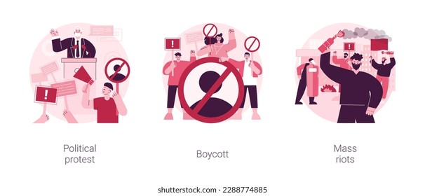Juego de ilustraciones vectoriales conceptuales abstractas de oposición y desaprobación pública. Protesta política, boicot, disturbios masivos, manifestaciones, protestas masivas, activismo de consumidores, acción callejera metáfora abstracta.