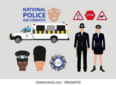 Public officer characters with police car vehicle/. City police department design elements. Badges and signes!