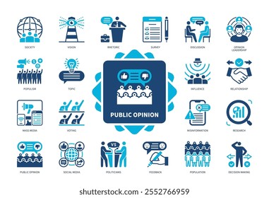 Conjunto de ícones de Opinião Pública. Pesquisa, Influência, Sociedade, Políticos, Mídias Sociais, Votação, População, Feedback. Ícones sólidos de cor duotônica