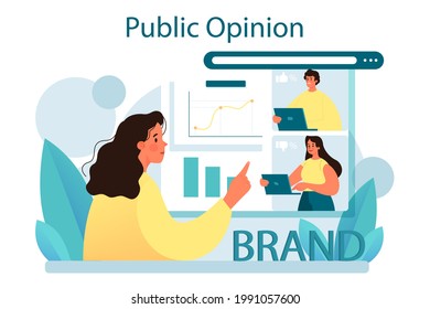 Public opinion. Idea of PR through mass media to advertise your brand. Management and marketing strategy. Flat illustration
