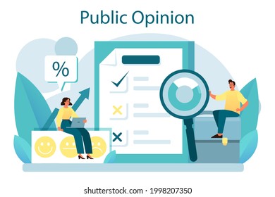 Opinión pública. Idea de relaciones públicas a través de medios masivos para anunciar tu marca. Estrategia de gestión y comercialización. Ilustración plana