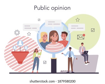 Public opinion on website concept. Idea of PR through mass media to advertise your brand. Management and marketing strategy. Flat illustration