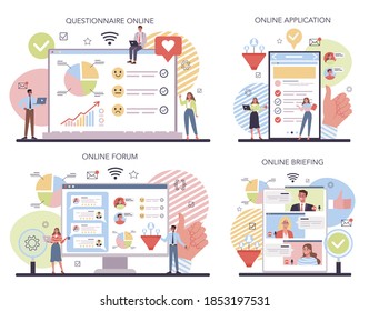 Public opinion on website online service or platform set. Idea of PR through mass media to advertise your brand. Online questionnaire, briefing, forum, application. Flat illustration