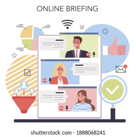 Public opinion on website online service or platform. Idea of PR through mass media to advertise your brand. Online briefing. Flat illustration