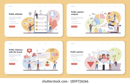 Public opinion on website web banner or landing page set. Idea of PR through mass media to advertise your brand. Management and marketing strategy. Flat illustration