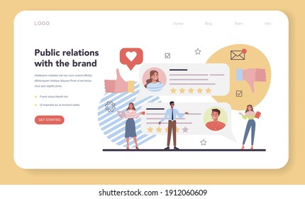 Public opinion on website web banner or landing page. Idea of PR through mass media to advertise your brand. Management and marketing strategy. Flat illustration
