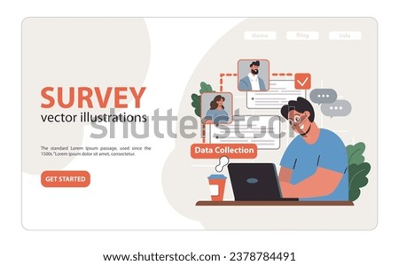 Public opinion poll data web banner or landing page. Male character collecting an online survey results. Service assessment analysis, statistics research. Flat vector illustration