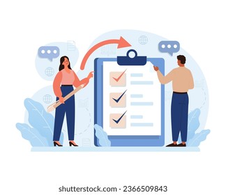 Public opinion polling. Characters participation in an online survey. Assessing people's impression of services. Opinion questionnaire form. Flat vector illustration